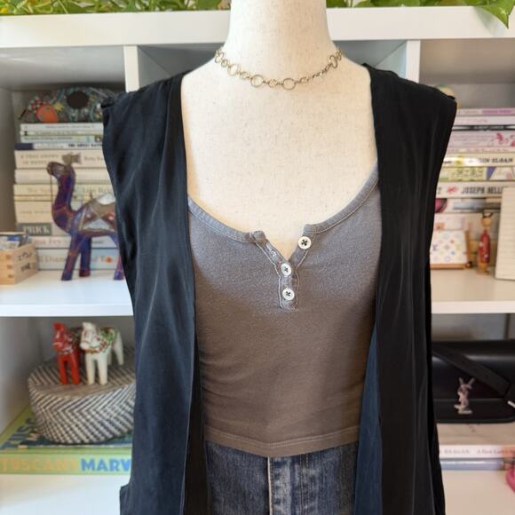 Vintage 90s Longer Length Sleeveless Lightweight Vest Kimono Black Wms L - Picture 2 of 9